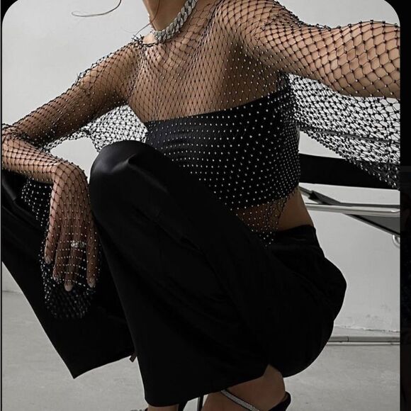 Black beaded and mesh party top - Picture 1 of 3